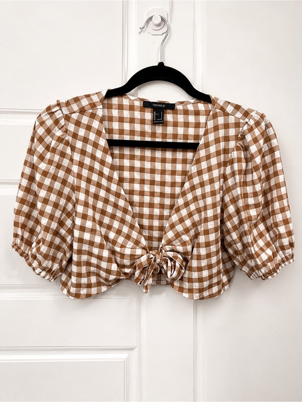 Forever 21 White and Brown Gingham Tie-Front Puff Sleeve Size Large Crop Top